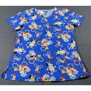 Bluey BBC Studios Women Sz S Blue Scrub Top V-Neck Character Print Medical Nurse
